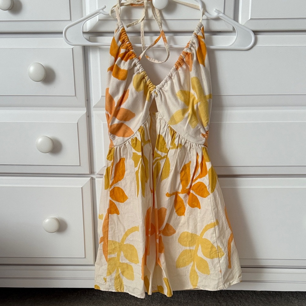 Zara Floral Halter Dress with Orange and Yellow Leaves